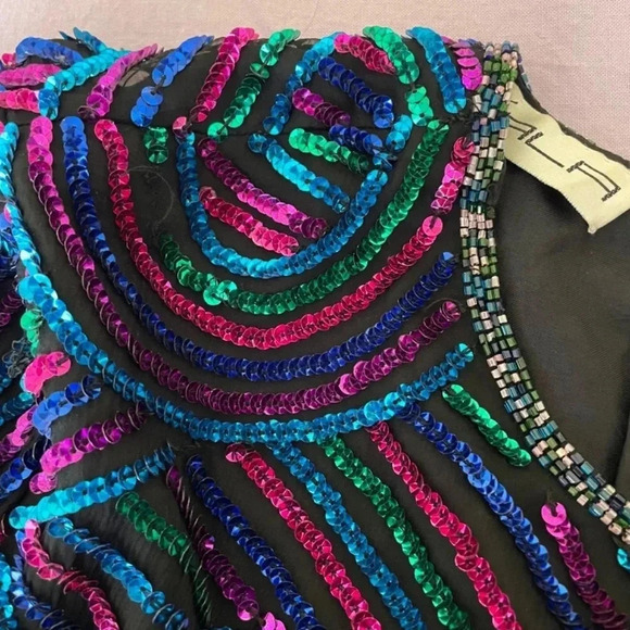 80’s Vintage Black With Colorful Sequins Silk Top Size M New Year’s Party Retro - Picture 12 of 12